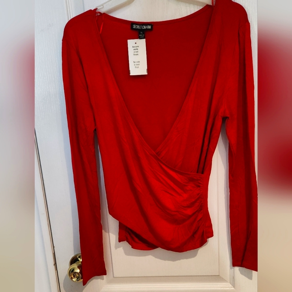 NWT XL Secret Charm Red faux wrap top very soft.